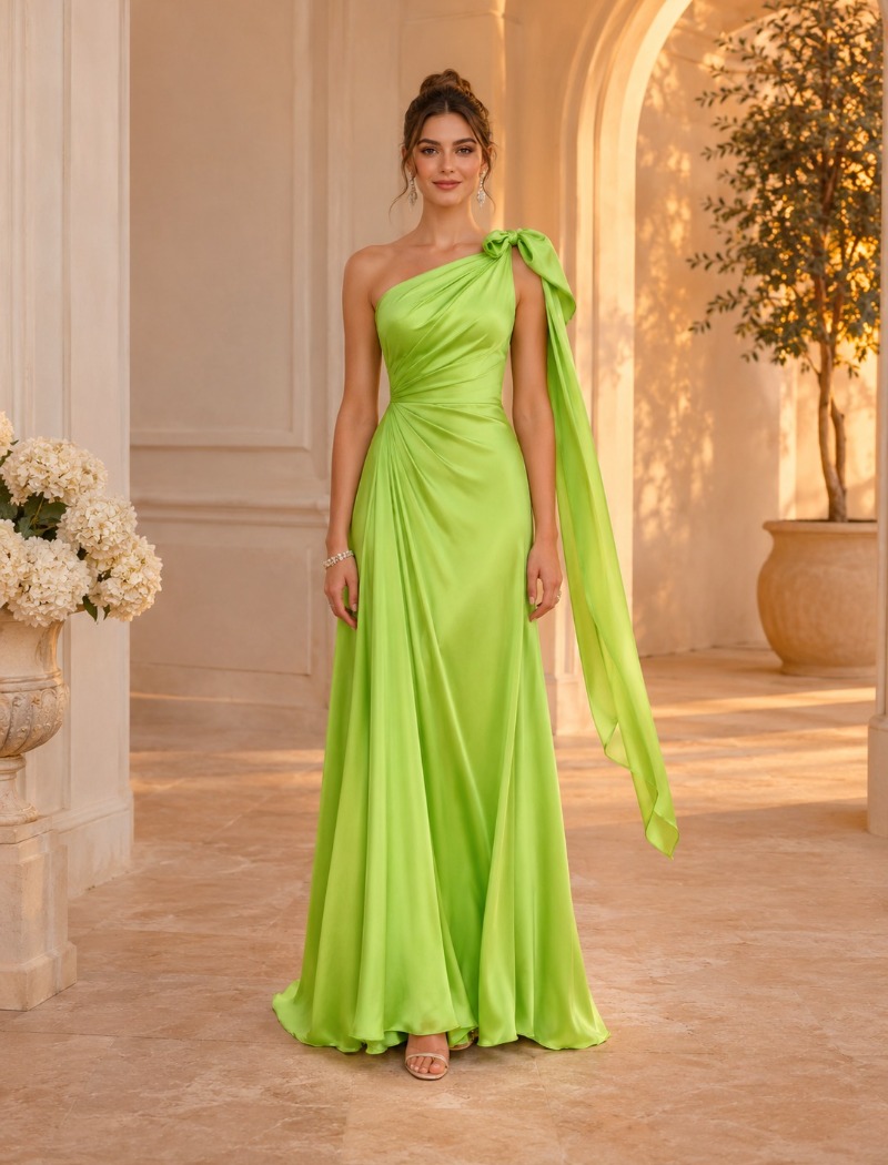 Satinkleid Mathilda: One-Shoulder mit Schal