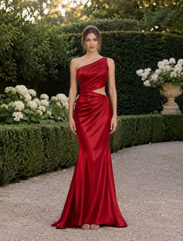Langes rotes Satinkleid mit One-Shoulder im Garten